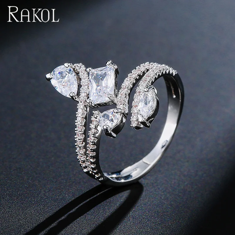 

RAKOL Crystal CZ Cubic Zirconia Ring Female Wedding Bridal Jewelry Open Adjust Ring R229, As picture