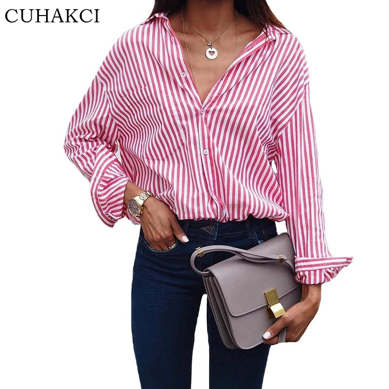 

CUHAKCI New Women V-Neck Tops Long Sleeve Work Blouse Ladies Office Striped Blouse For Shirts S-5XL, Pink,black,navy blue, sky blue brown,