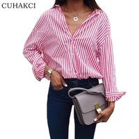 

CUHAKCI New Women V-Neck Tops Long Sleeve Work Blouse Ladies Office Striped Blouse For Shirts S-5XL