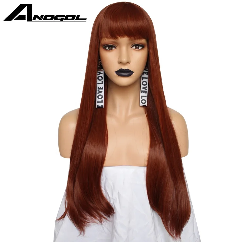 

Anogol Copper Red Synthetic Wig With Bangs Heat Resistant