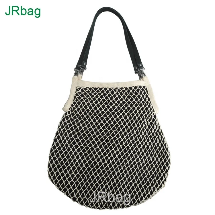 

China Dongguan Suppliers Factory Newest Fashion Women Eco 100% Cotton Net Mesh Handbag leather Handle Tote Bag, Natural mesh + black lining