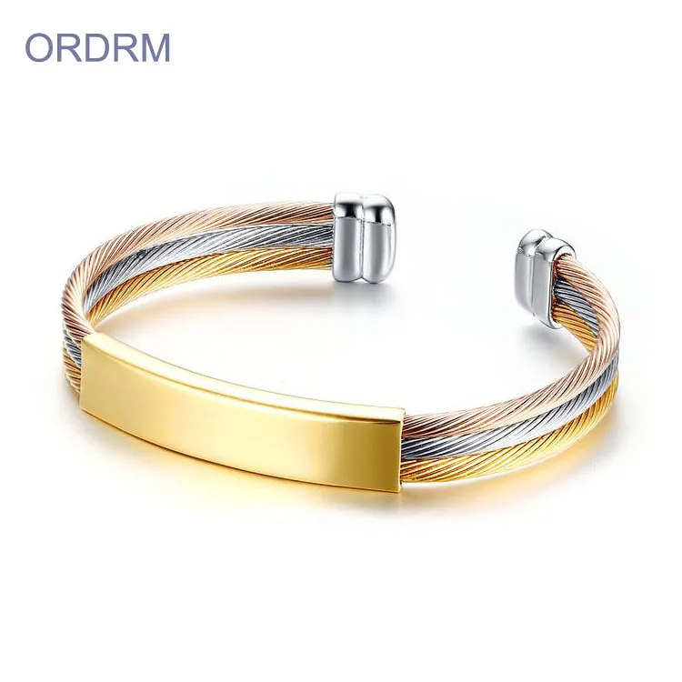 

Jewelry Men Stainless Steel Cable Wire Cuff Bracelet Homme, Rose gold, gold, silver