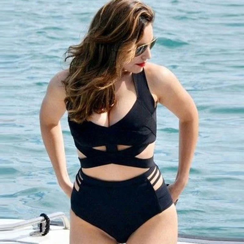 

fat women suit plus size high cut cover up monokini one piece swimsuit, Black