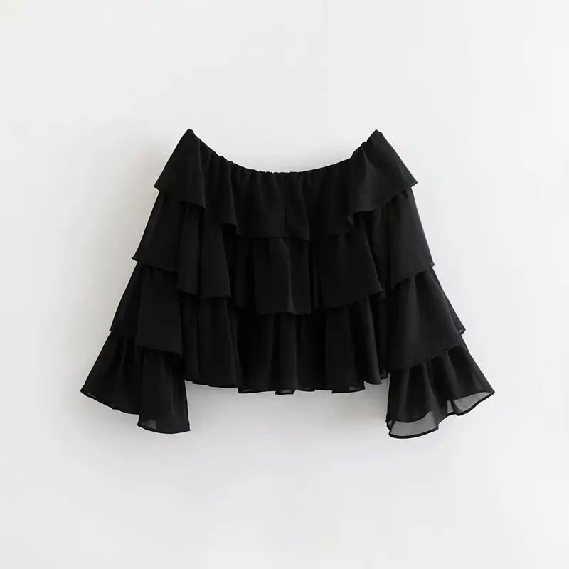 

Fashion new sexy off shoulder blouse black color ruffle shirts girl summer clothing