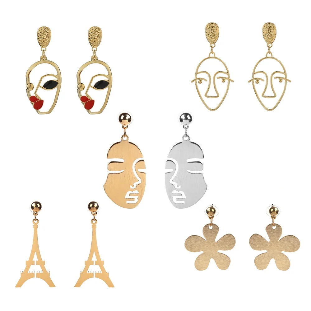 

Latest Fancy Design Cheap Earring Metal Fashion ZA Drop Gold Metal Jhumka Punk face Earring For Women Jewelry, As picture. accept oem customised colors.