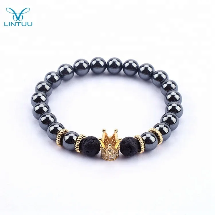 

Wholesale mens micro pave diamond crown match lava stone hematite bead bracelet
