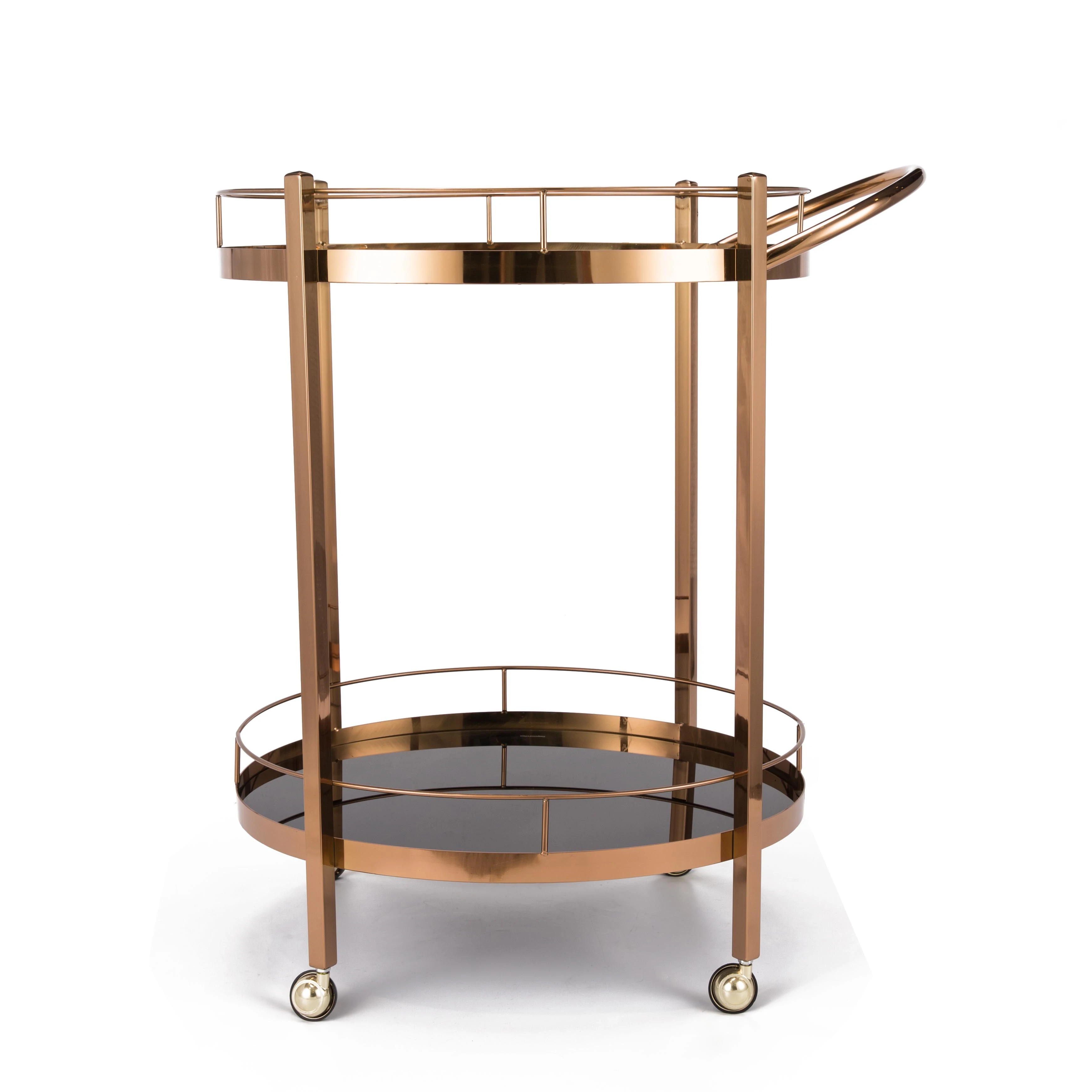 
Luxury liquor trolley rose gold with black glass service trolley for hotel restaurant Food Delivery Trolley oval 