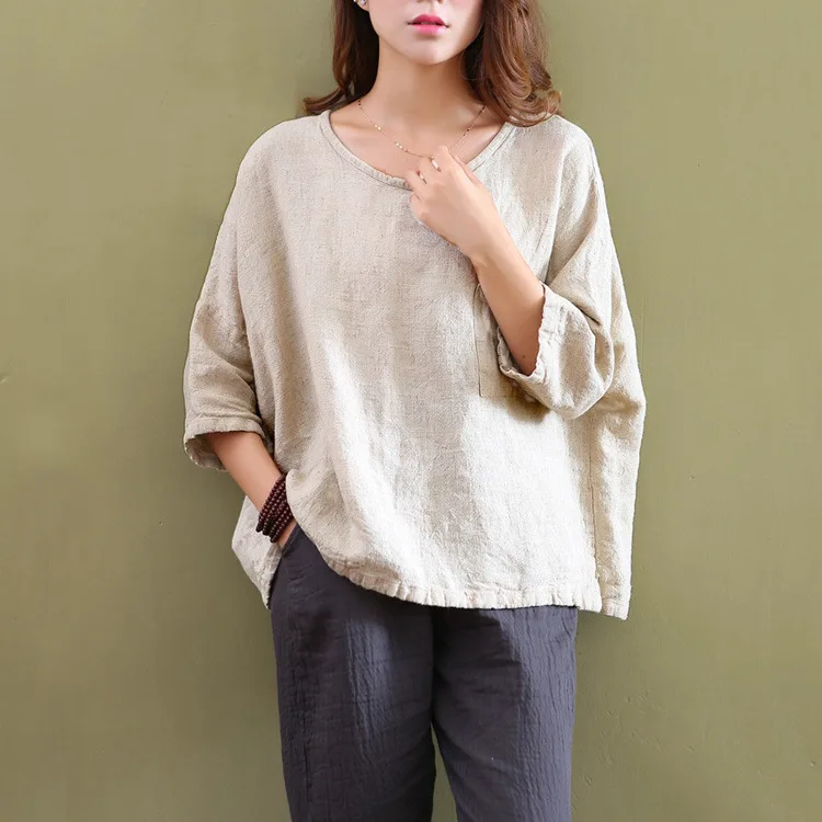 

hot sale fashion loose linen fabric side blouse for women, Customized color