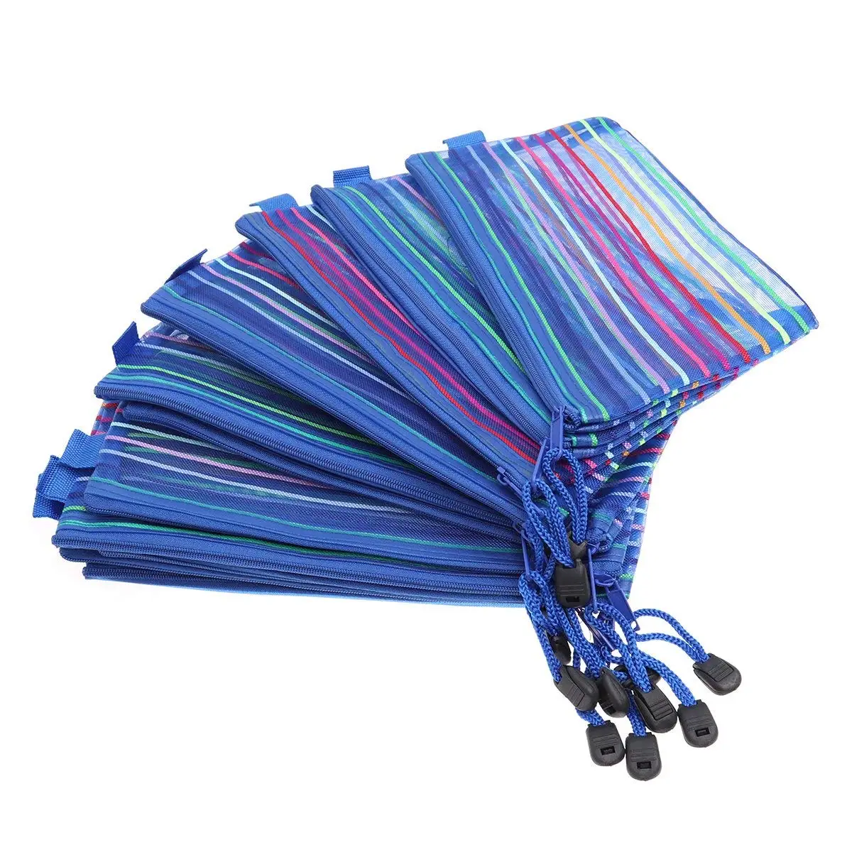 TOYMYTOY 12Pcs Mesh Pencil Case Holder Pouch Bag Rainbow Stripes Storage Bag with Zipper Black 