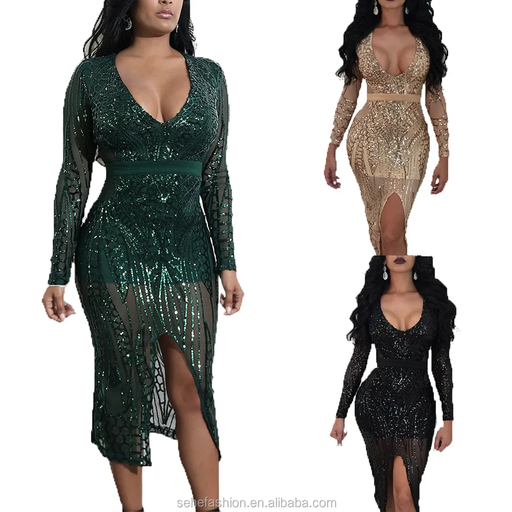 

80108-MX34 ladies fashion 2018 design grenadine dresses 3colors sequins seethough photo sexy images