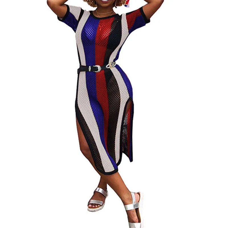 

80601-MX38 striped hollow out split dress for women