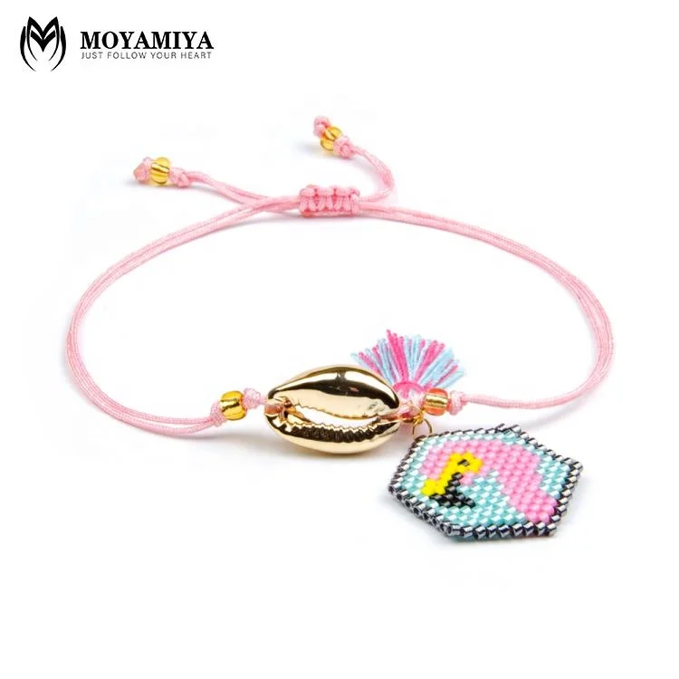 

MI-B180454 Moyamiya Miyuki flamingo charms tiny beaded shell bracelet handmade, As picture or customized
