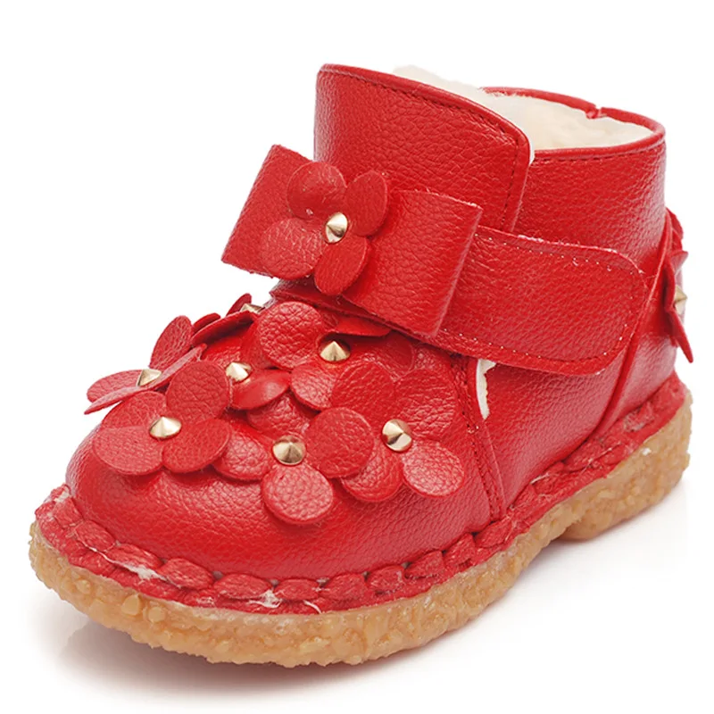 J Ghee Winter Girls Shoes Warm Cotton Boots PU With Floral Decoration Kids Non slip Shoes