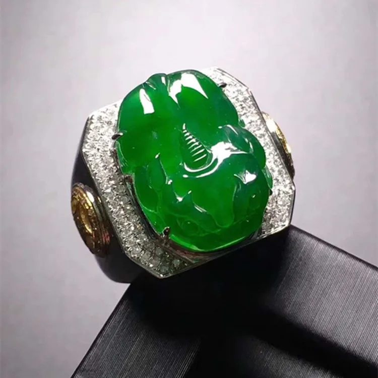 

18k white gold South Africa real diamond natural yang green jadeite Chinese mythical wild animal prosperous wealth ring for male