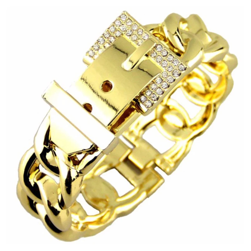 

Fashion Women Belt Design Bracelets Accessories High Quality Zinc Alloy Rhinestones Metal Charm Cuff Bangles Statement Jewelry, Gold , silver