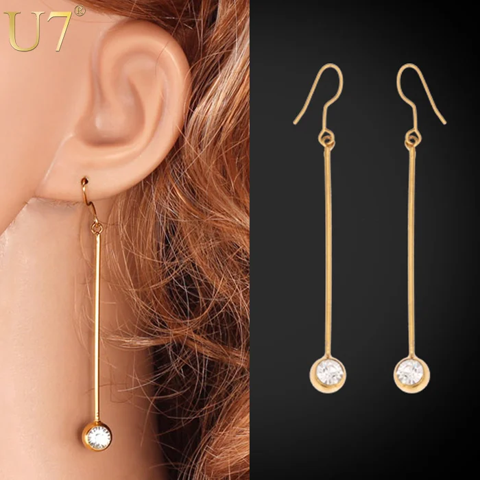 

U7 OL Style Long Line Chain Drop Earrings with crystal rhinestone Gold Plated Fashion Jewelry Strike dangle earrings For Women, Gold color