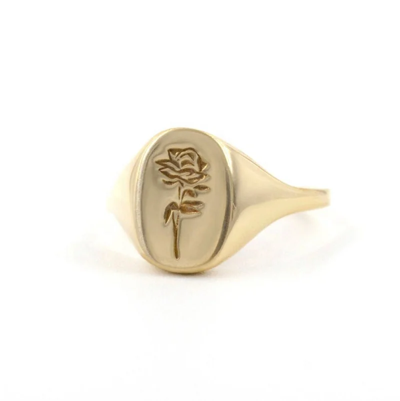 

Gold Plated Jewelry Rose Flower Ring Jewellris Women Signet Ring, Gold, rose gold, steel, black