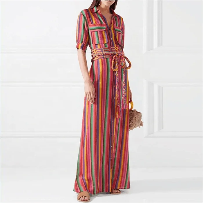 

Wholesale Customized Women Rainbow Striped Shirt Dress, 4 colors