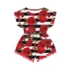 Red rose striped print children summer pom pom jumpsuit little girl baby clothes with snaps on the back kids clothing wholesale
