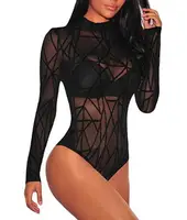 

Women Black Sheer Mesh Long Sleeve Jumpsuit Bodysuits