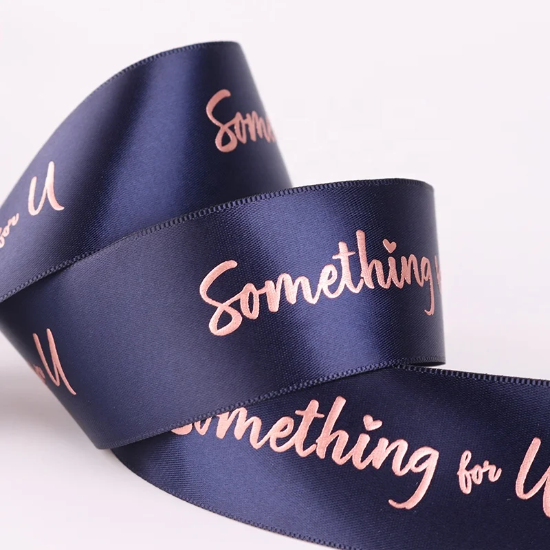 

Rose gold foaming hot stamping logo Custom gold raised foil printed ribbon, 3.8cm dark blue polyester ribbon