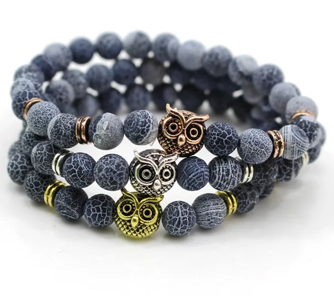 

Free Shipping Men's Rock Weathering Agate Stone Owl Head Bracelet,Crystal Reiki Healing Balancing Round Beads Bracelet BR1579