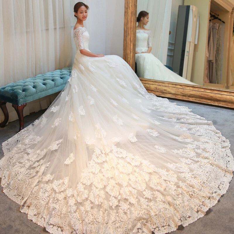 

NE033 Plus Size Vestido de Noiva Long Tail Lace Wedding Dress 2022 Bling Bridal Gown Robe de Marier Bruidsjurken Wedding Dress, Default or custom