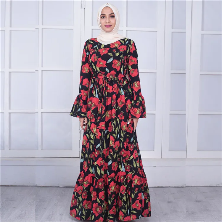 

Loriya Fashion Abaya Manufactures Beautiful Red Flower Bubble Crepe Muslim Islamic Maxi Dress 2018, Black;printed flower