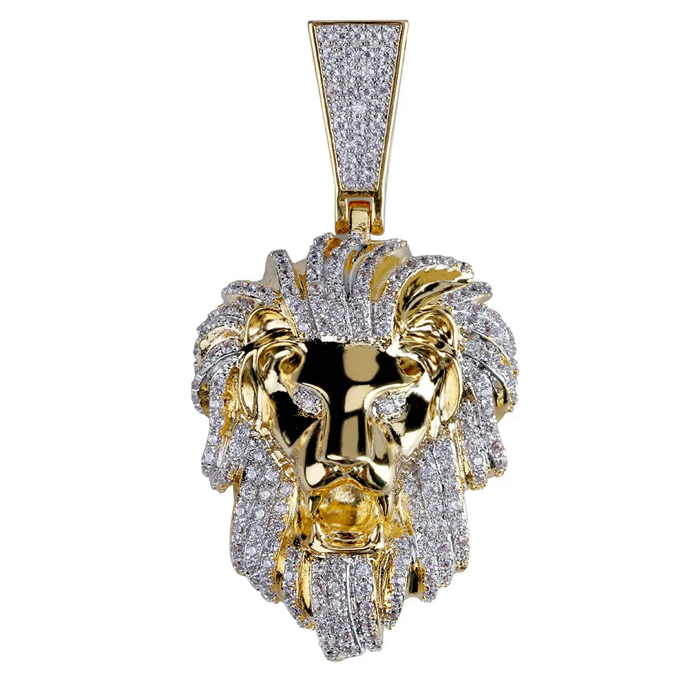 Real Gold Plated Zircon Lion Head Hiphop Men's Hanging Necklace
