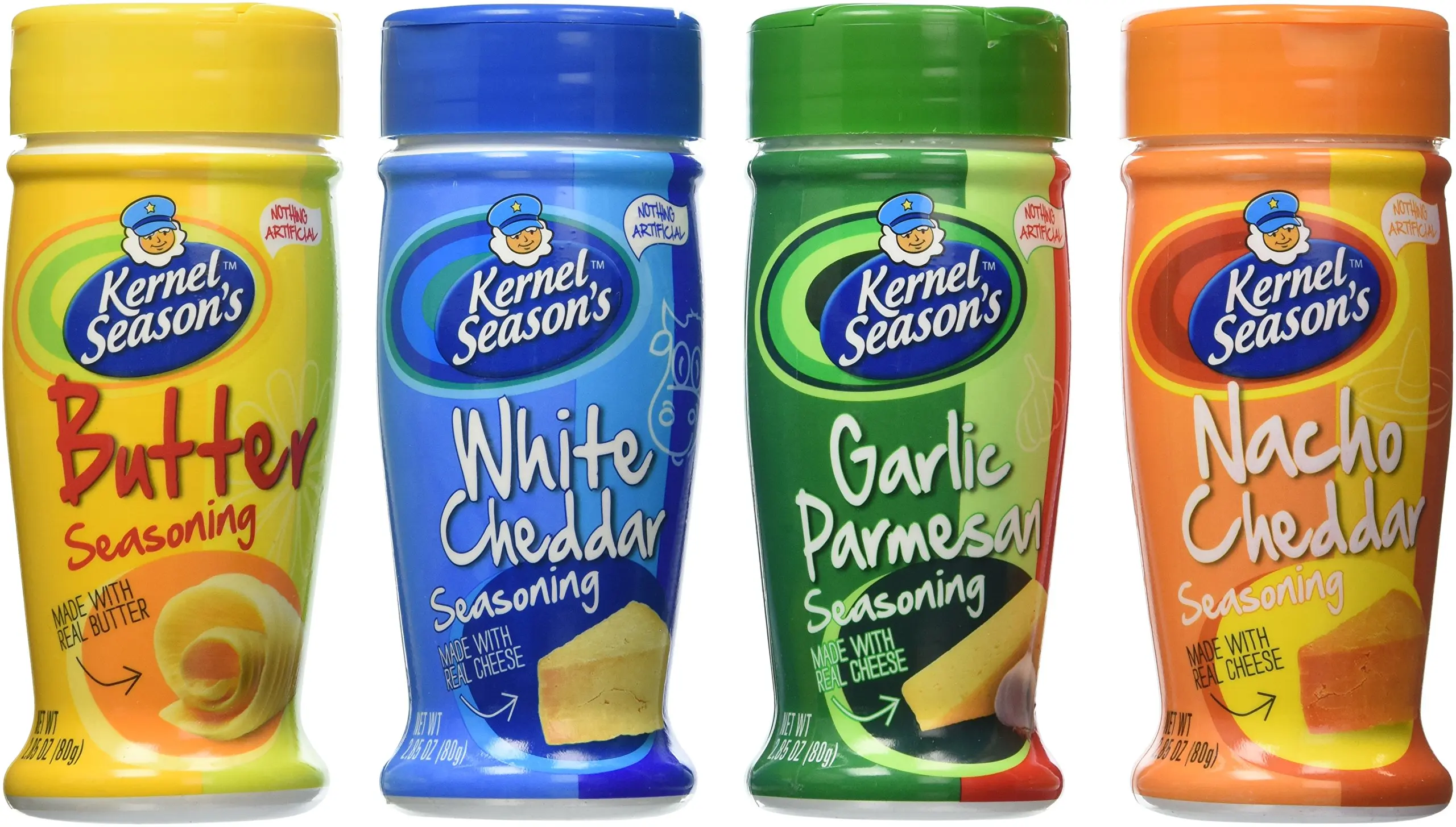 Kernel Season's Popcorn Seasoning 4 Flavor Variety Bundle: (1) Kernel Season's White Cheddar Popcorn Seasoning, (1) Kernel Season's Nacho Cheddar Popcorn Seasoning, (1) Kernel Season's Garlic Parmesan Popcorn Seasoning, and (1) Kernal Season's Butter Popcorn Seasoning, 2.85 Oz. Each