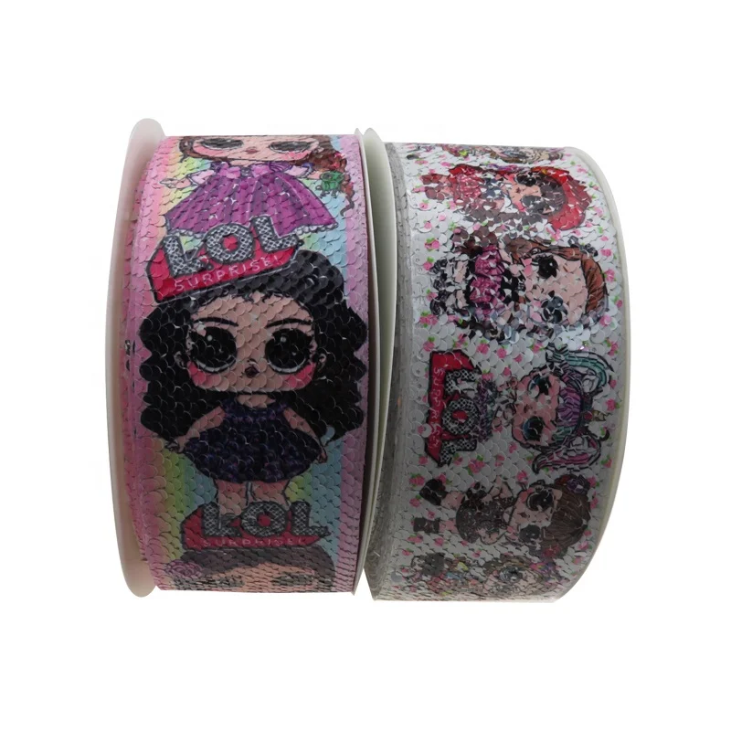 

3 inch 75mm Cute Lovely Cartoon Character Girls Printed Reversible Sequin Fabric Ribbon for Dress Decoration, 196 colors