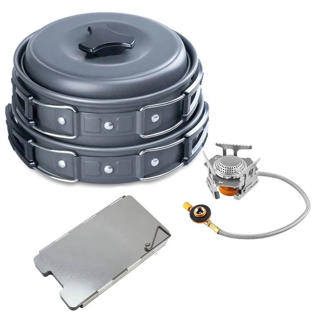 Camp Stove, Petforu Camping Cookware Mess Kit Outdoor Non-Stick Pots and Pans Sets & Foldable Windshield & Portable Picnic Gas Stove
