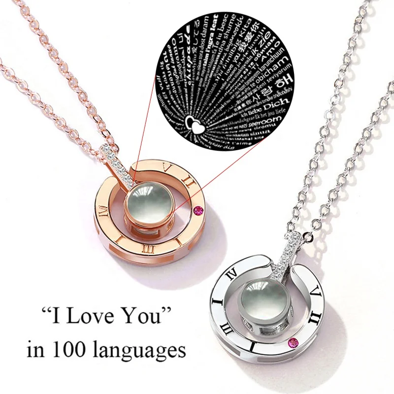 

2018 New Arrival Rose Gold&Silver 100 languages I love you Projection Pendant Necklace Romantic Love Memory statement Necklace, Rhodium/rose gold