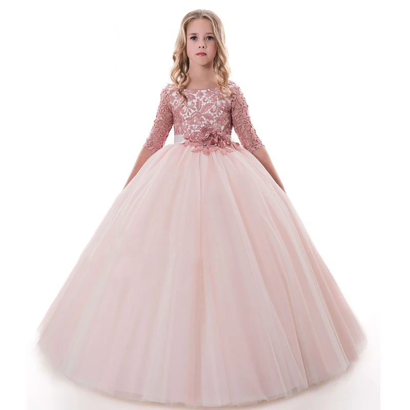 

pink little girls dresses tulle long kids ball gown fancy girls party dress, Picture color