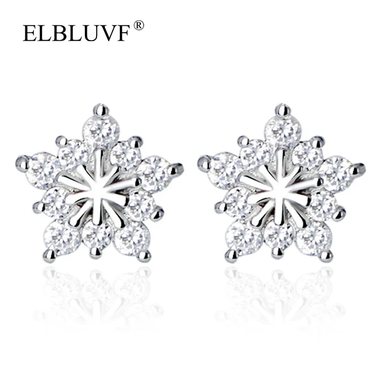 

ELBLUVF Free Shipping 925 Silver Plated Copper Alloy Pentagram Shape Zircon Earrings Christmas Snowflake Piercing Jewelry, White gold