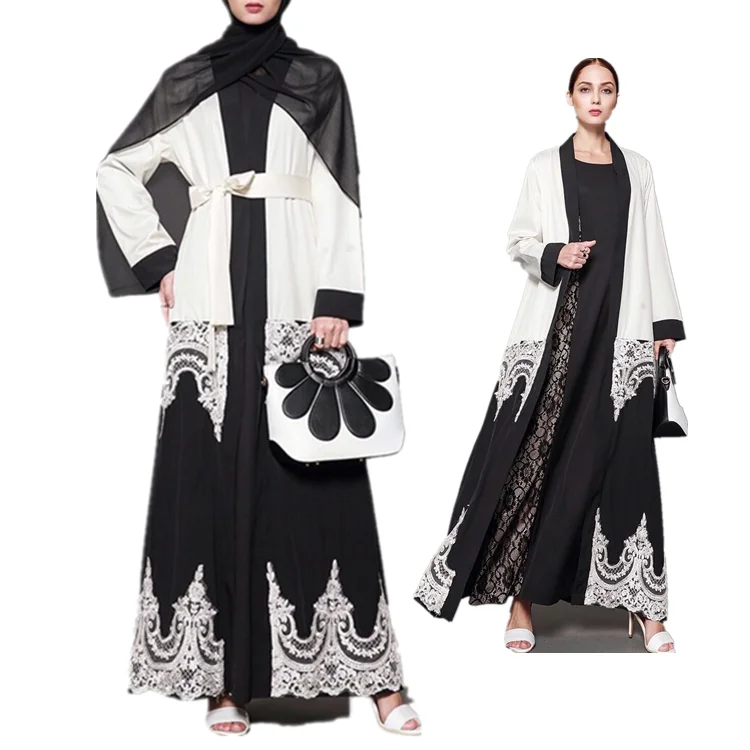 

Hot Sale Turkey Lace Openwork Stitching Black and White Cardigan Large Loose Muslim Front Open Abaya Dress