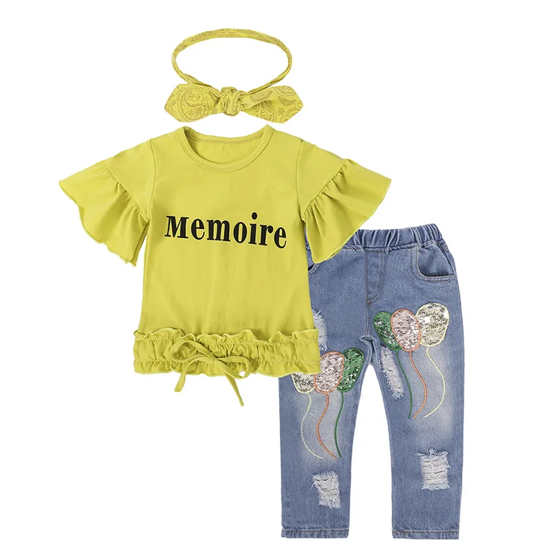 

New Arriving Cute Kid Baby Girl Clothes Set 3 Pcs Fashion Toddler Girls Tops Denim Jeans Headband Outfits, As picture