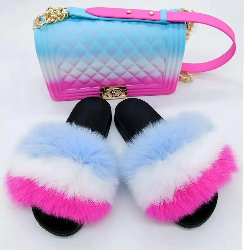 

Perfect Wholesale fashionable Sandals raccoon fur slides Custom Logo fox fur furry slippers for women 2019, Colors can be customized