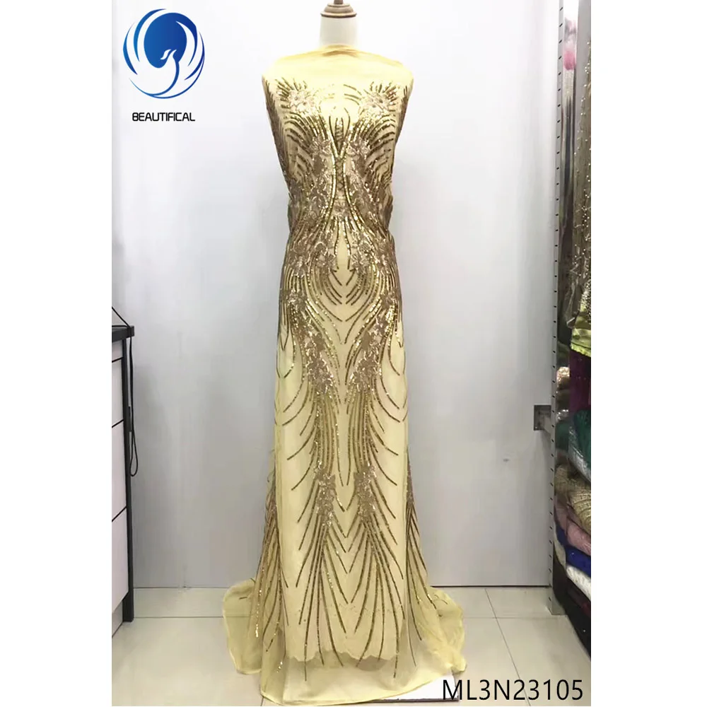 

Beautifical gorgeous wedding dressing gold bridal lace sequin fabric ML3N231, Can be customized