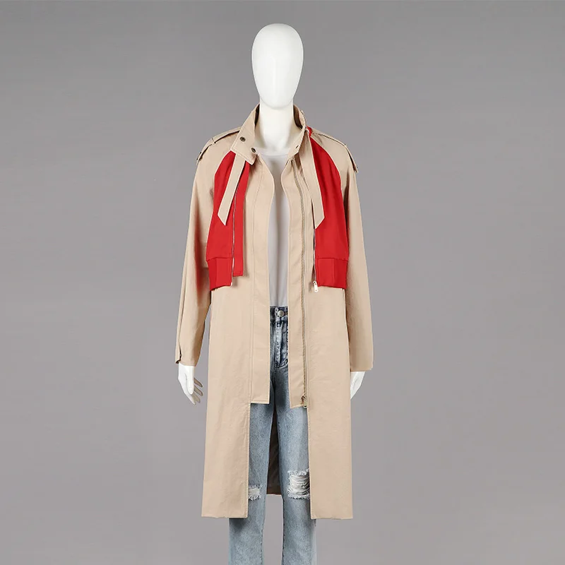 

OEM High Quality Wholesale Cotton Blended Arvant Garde Faux Two Pieces Zip Up Red and Creamy Color Mixed Woven Winter Trench, Creamy+red