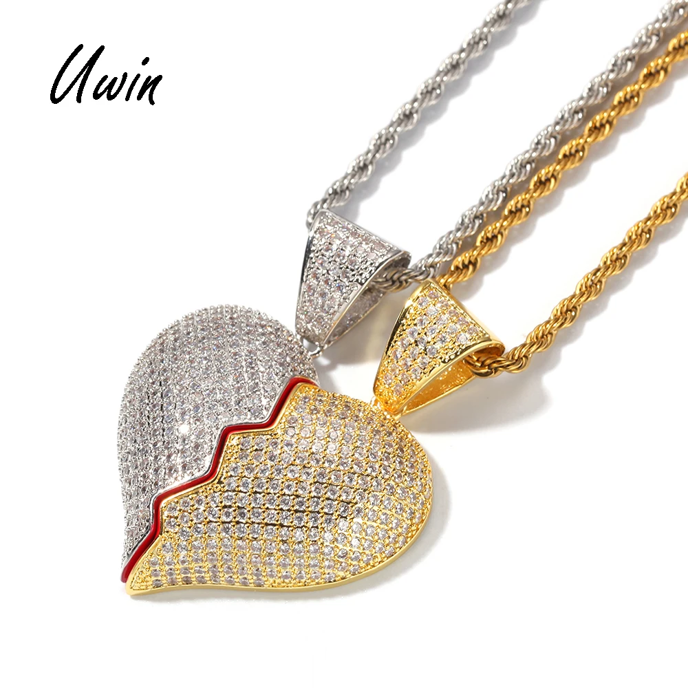 

Hiphop Broken Heart Pendant Gold Plated CZ Heart Women Men Necklace Couple Heart Charm Necklace, Golden, silvery