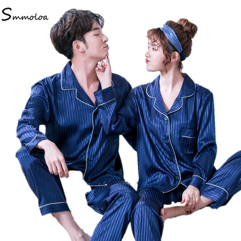 

Smmoloa Couples Satin Silk Pajamas Sets Lovers Sleepwear Family Pijama Two Piece Sets New, As picture
