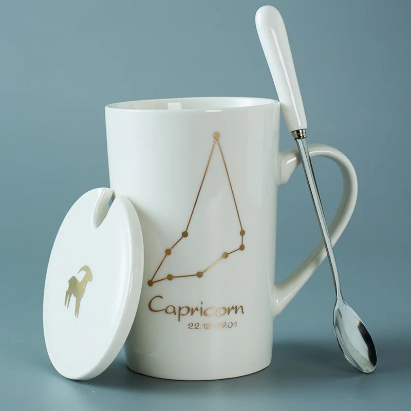 

12 Constellations Creative Ceramic Mugs with Spoon Lid White and Gold Porcelain Zodiac Milk Coffee Cup, White,black