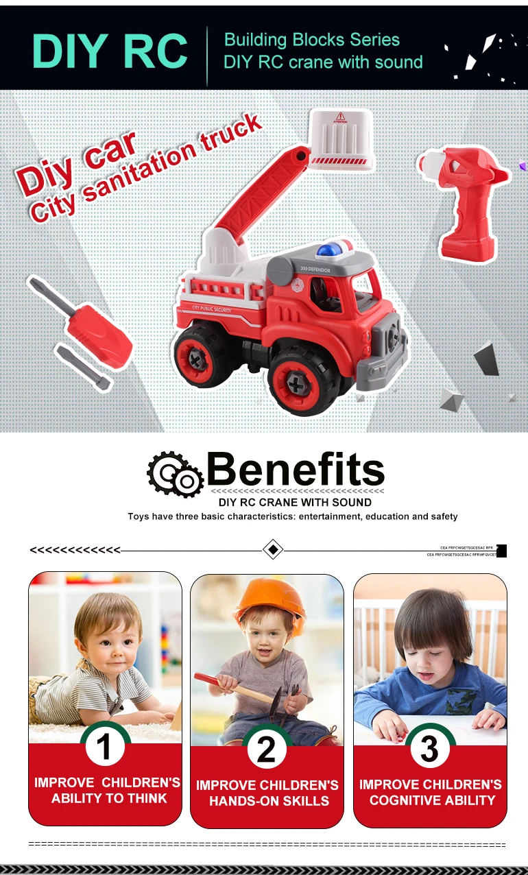 Newest design 3in1 kids electric intelligent mini construction toy diy fire ladder rc truck