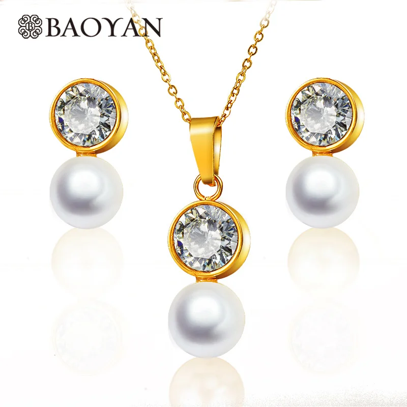 

BAOYAN Gold Plated Stainless Steel Big Round Pearl Bridal Jewelry Set with Cubic Zirconia