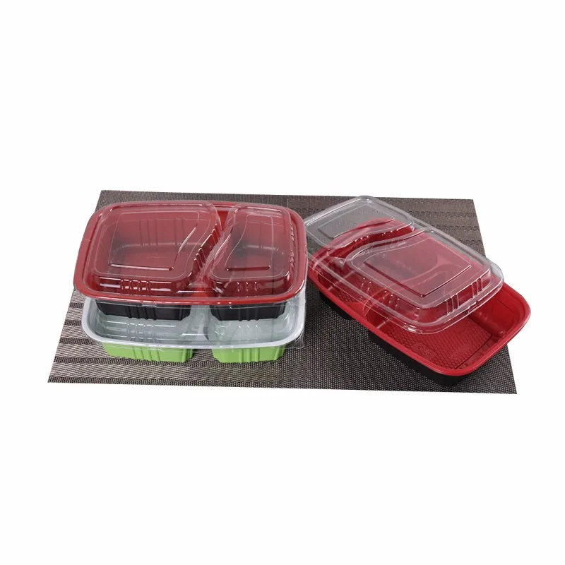 thick red black disposable fast food container with thick clear lid and 2 compartment