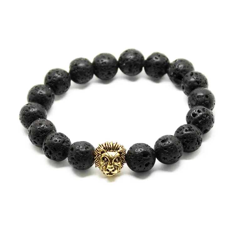 

10mm Europe style stainless steel black lava bead animal lion head bracelet for men