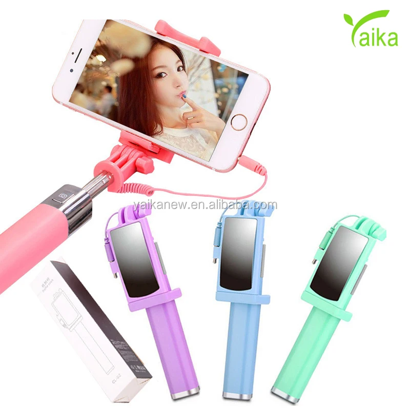 

Yaika Hot Selling Universal Girls Mini Handheld Autodyne Travel Monopod Mirror Wired Cable Selfie Stick, Black/gold/rose red/blue/green