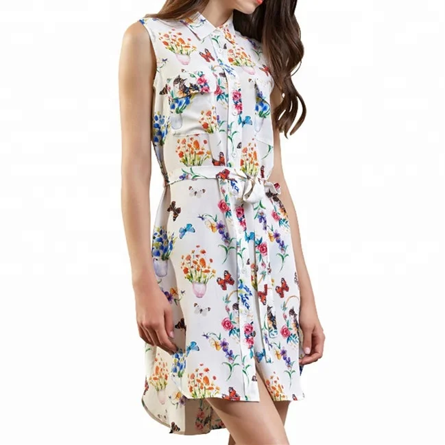 

Factory Wholesale 100% Pure Silk CDC Digital Print Casual Sleeveless Flap Pocket Shirt Dress for Women