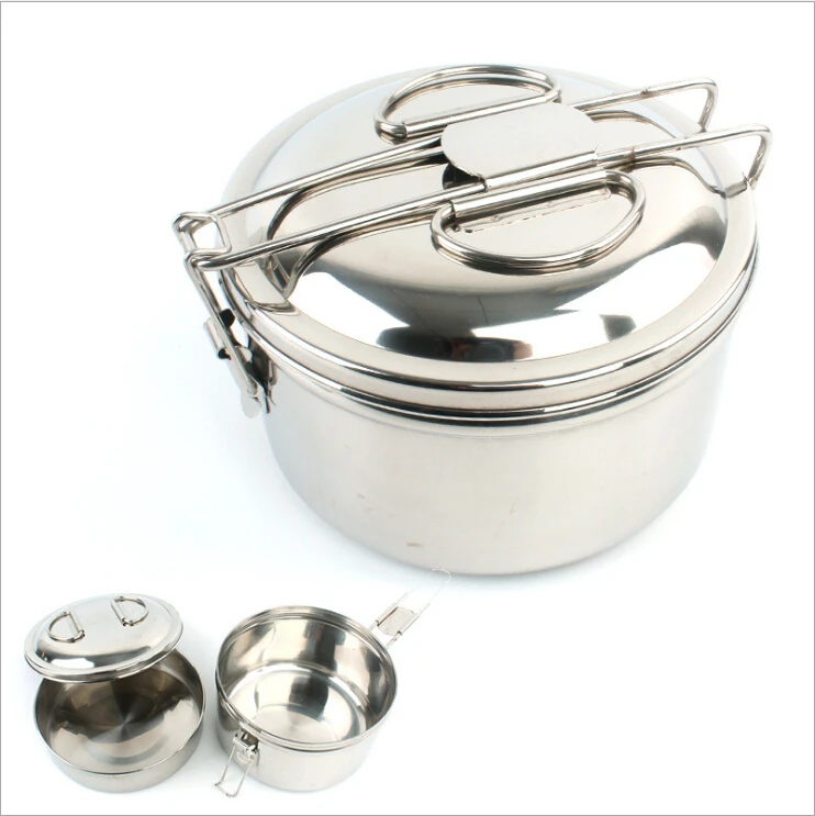 

3pcs floding Outdoor Camping Hiking stainless steel cookware Backpacking Cooking Picnic Bowl Pot Pan Set, Silver